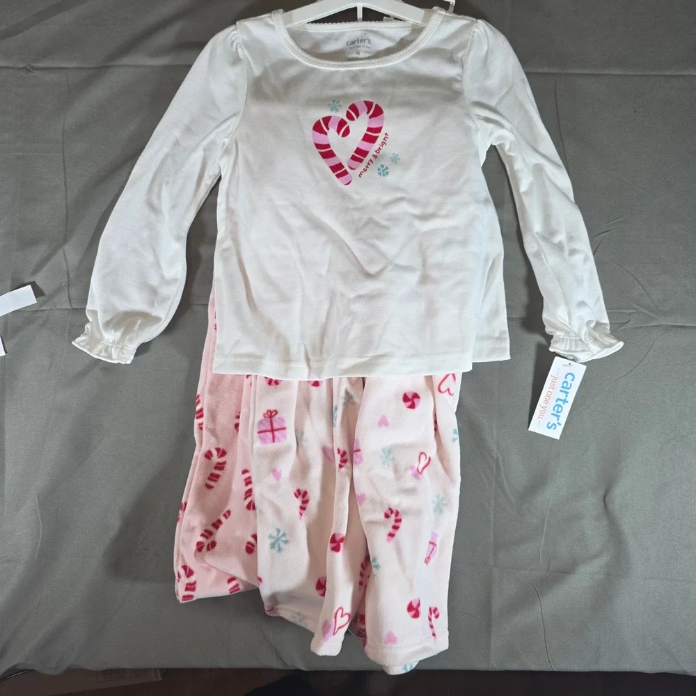 Carters Just One You Kids 4T Pajama Set White Pink Candy Cane Fleece 6T947010